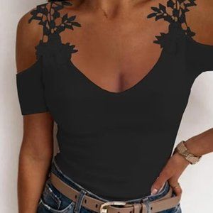 NEW! Women's Top LG Lace Cut Out Cold Shoulder U Neck Off Shoulder